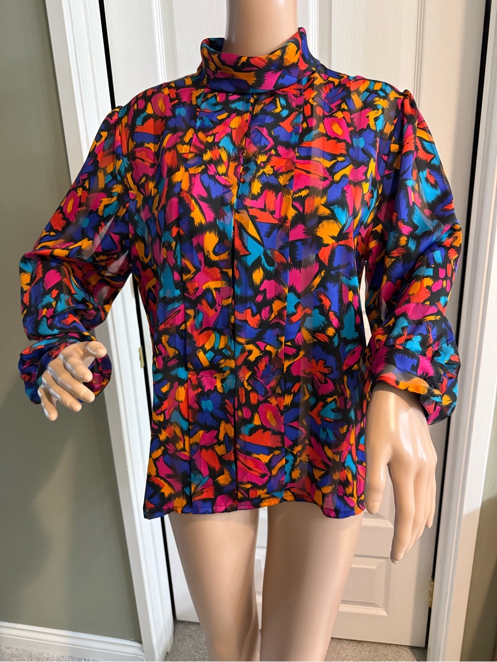 Vintage Nicola Button Down Blouse Shirt 10 Secretary High Collar Womens
